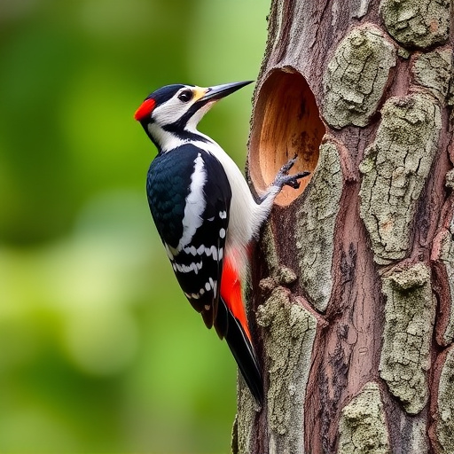 Great spotted woodpecker on tree trunk