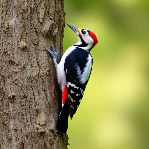 Great spotted woodpecker on tree trunk