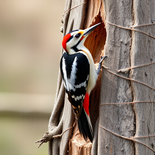 Great spotted woodpecker on tree trunk
