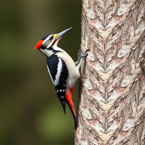 Great spotted woodpecker on tree trunk
