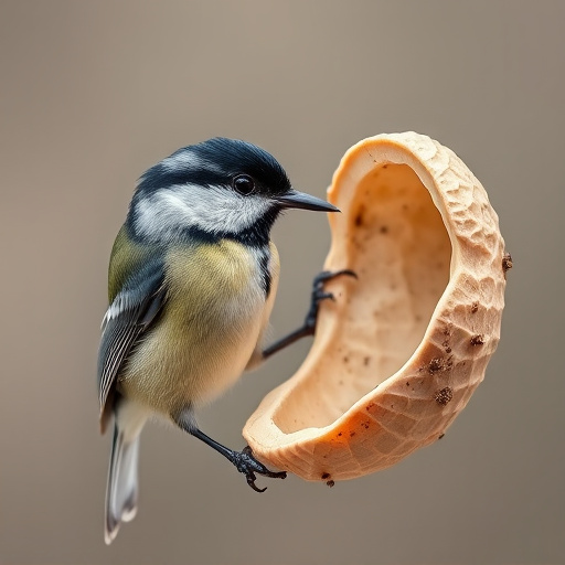 Great tit cracking open peanut shell