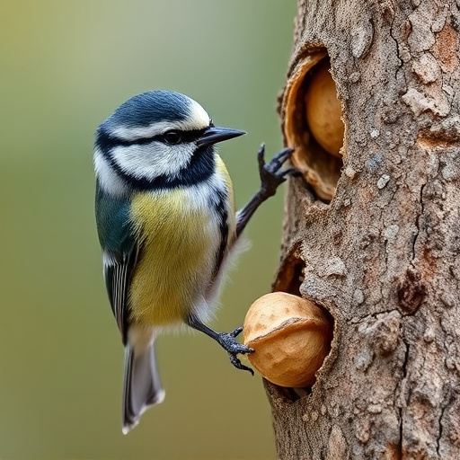 Great tit cracking open peanut shell