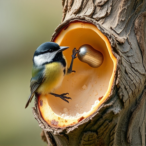 Great tit cracking open peanut shell