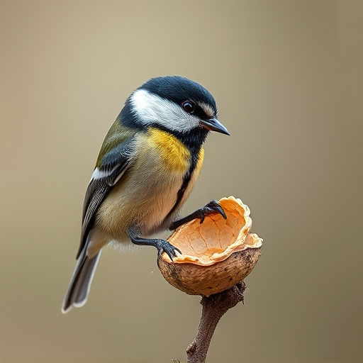 Great tit cracking open peanut shell