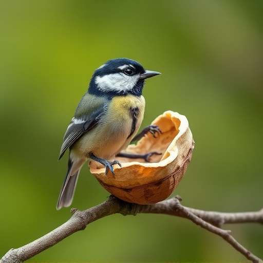Great tit cracking open peanut shell