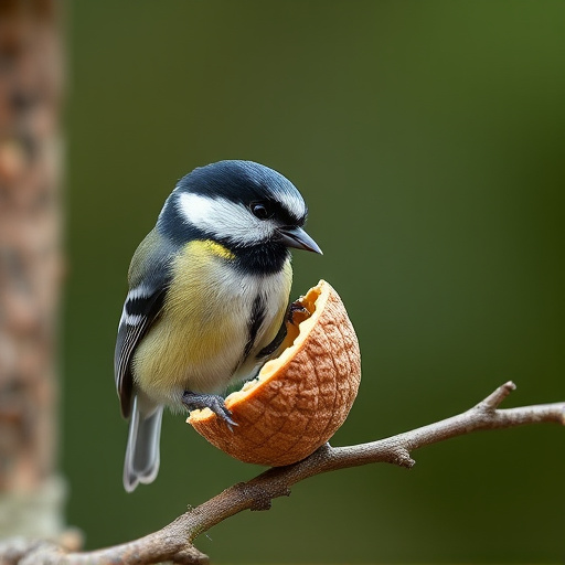Great tit cracking open peanut shell