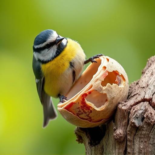 Great tit cracking open peanut shell