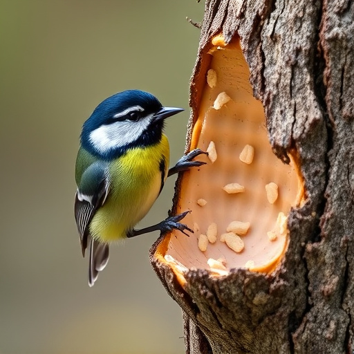 Great tit cracking open peanut shell