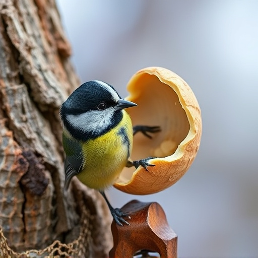 Great tit cracking open peanut shell