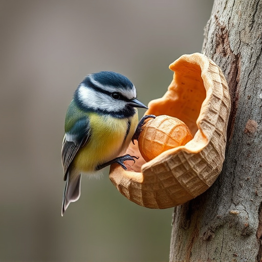 Great tit cracking open peanut shell