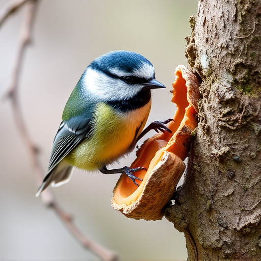 Great tit cracking open peanut shell