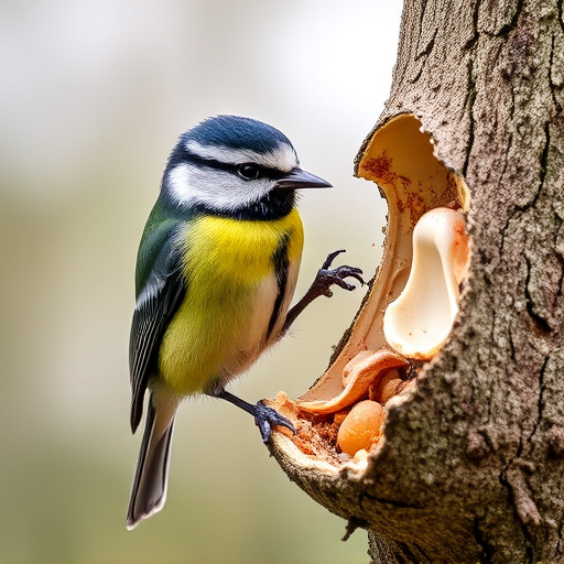Great tit cracking open peanut shell