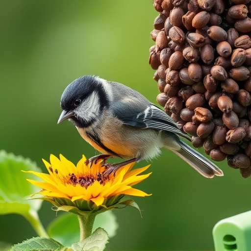 Great tit pecking at sunflower seeds