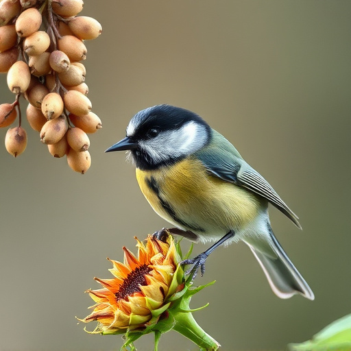 Great tit pecking at sunflower seeds