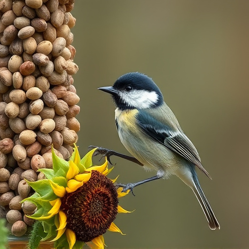 Great tit pecking at sunflower seeds