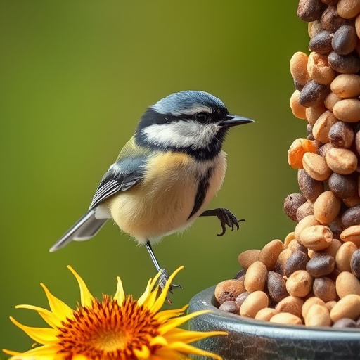 Great tit pecking at sunflower seeds