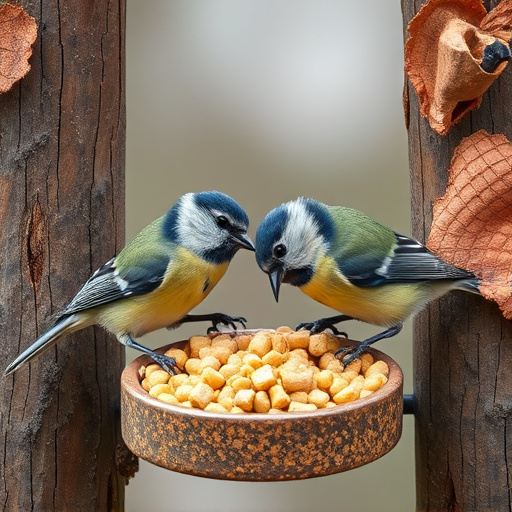 Great tits feeding on suet pellets