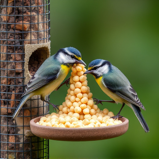 Great tits feeding on suet pellets