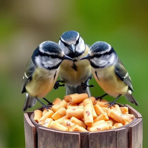 Great tits feeding on suet pellets