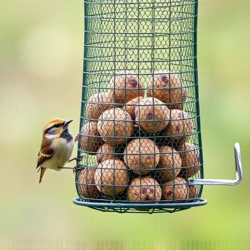 Green mesh feeder filled with suet balls