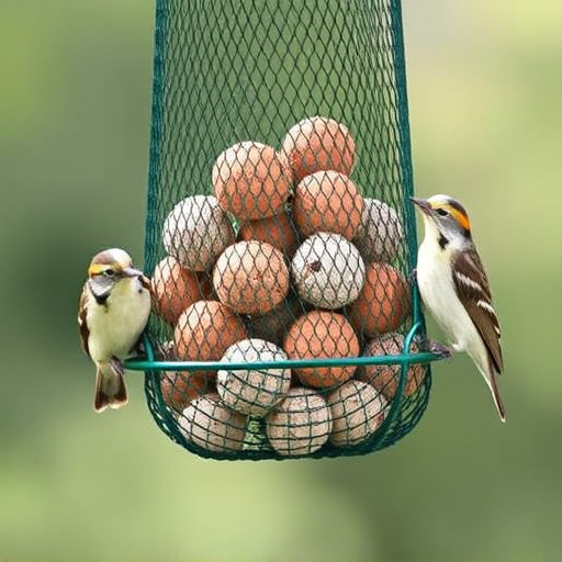 Green mesh feeder filled with suet balls