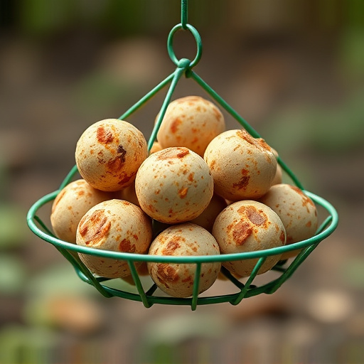 Green metal feeder holding multiple fat balls