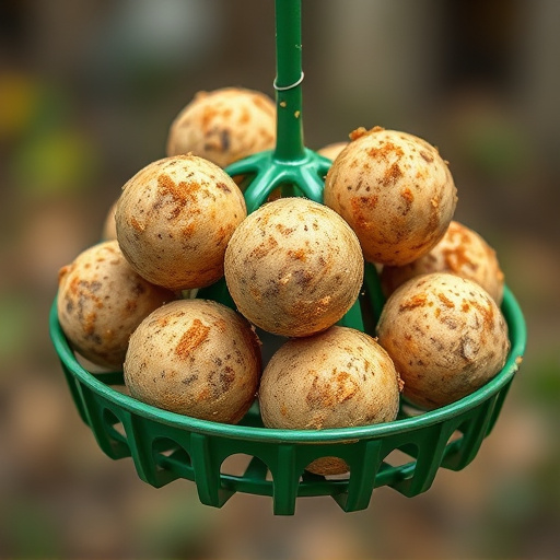 Green metal feeder holding multiple fat balls