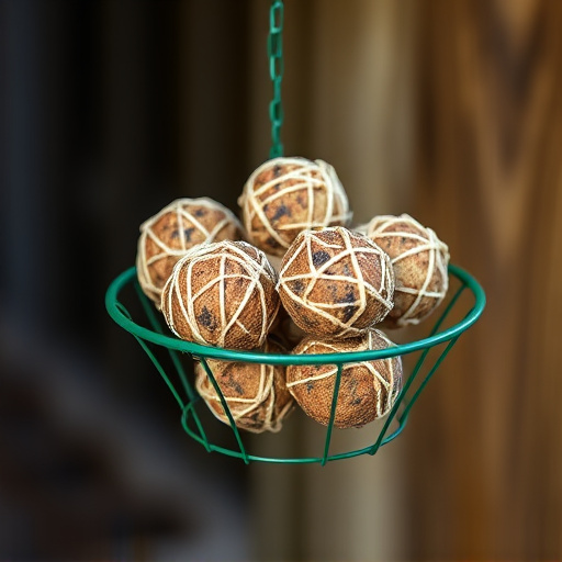 Green metal feeder holding multiple fat balls