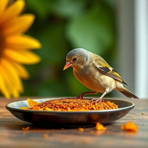 Greenfinch eating sunflower hearts at table