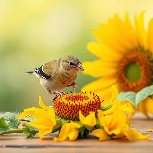Greenfinch eating sunflower hearts at table