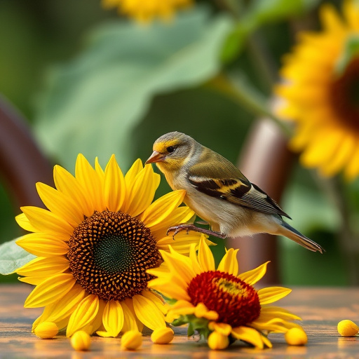 Greenfinch eating sunflower hearts at table