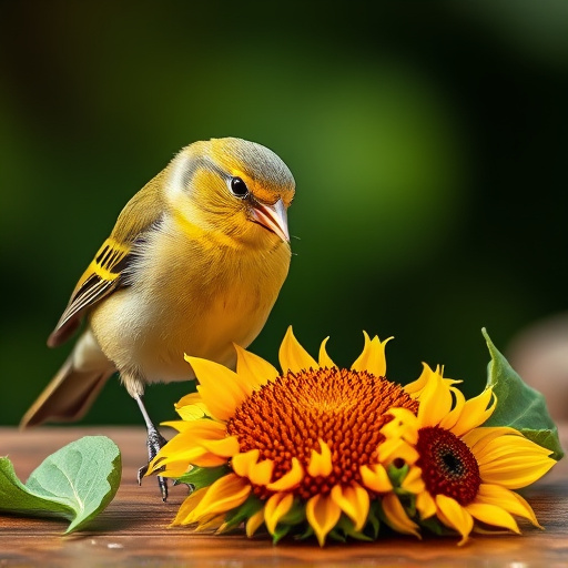 Greenfinch eating sunflower hearts at table