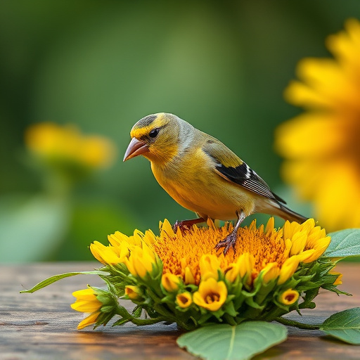 Greenfinch eating sunflower hearts at table