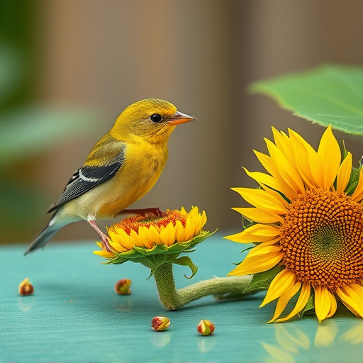 Greenfinch eating sunflower hearts at table