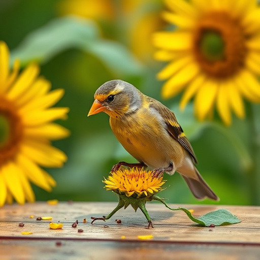 Greenfinch eating sunflower hearts at table