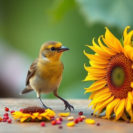 Greenfinch eating sunflower hearts at table