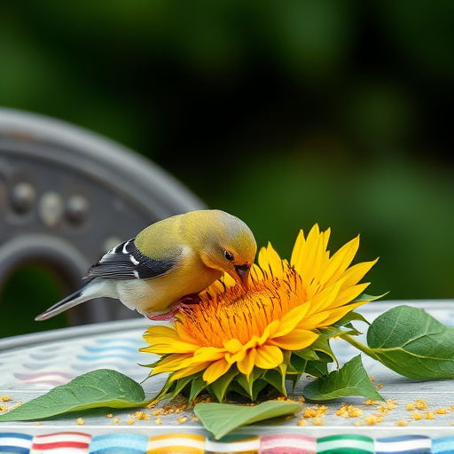 Greenfinch eating sunflower hearts at table