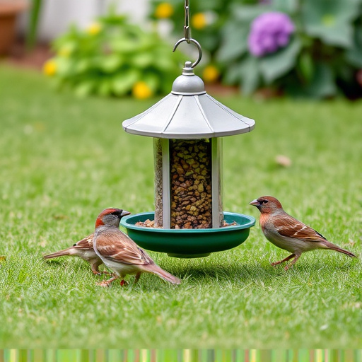 Ground bird feeder on lawn with sparrows