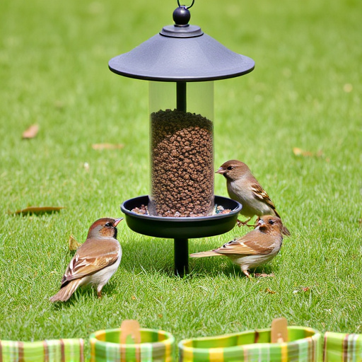 Ground bird feeder on lawn with sparrows