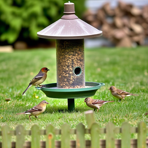 Ground bird feeder on lawn with sparrows