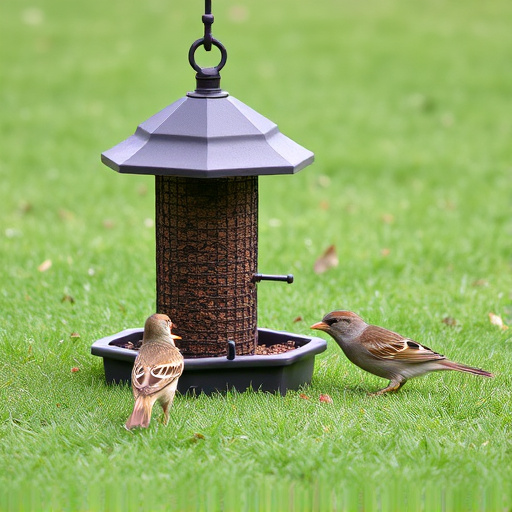 Ground bird feeder on lawn with sparrows