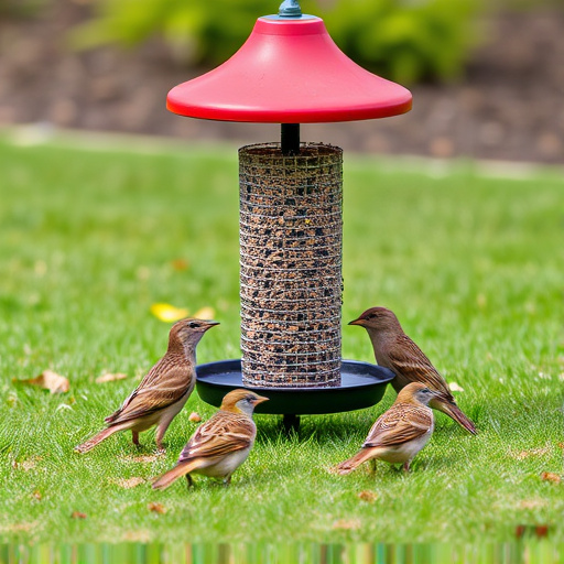 Ground bird feeder on lawn with sparrows