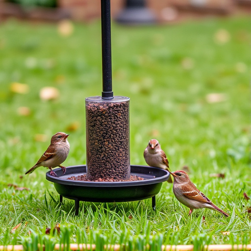 Ground bird feeder on lawn with sparrows