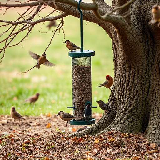 Ground feeder under tree with mixed birds