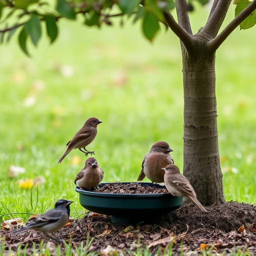 Ground feeder under tree with mixed birds