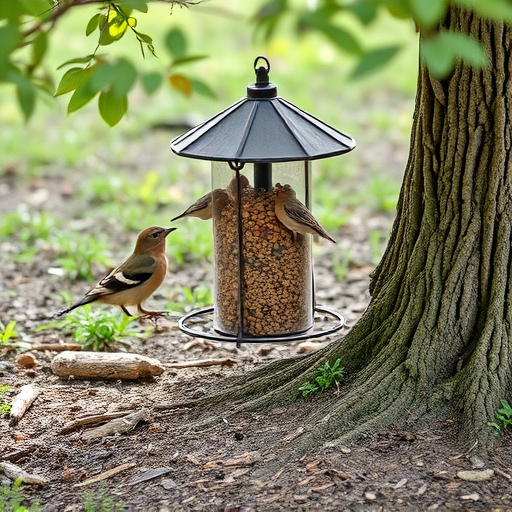Ground feeder under tree with mixed birds