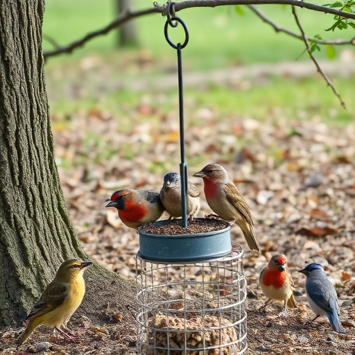 Ground feeder under tree with mixed birds