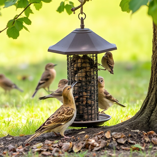 Ground feeder under tree with mixed birds