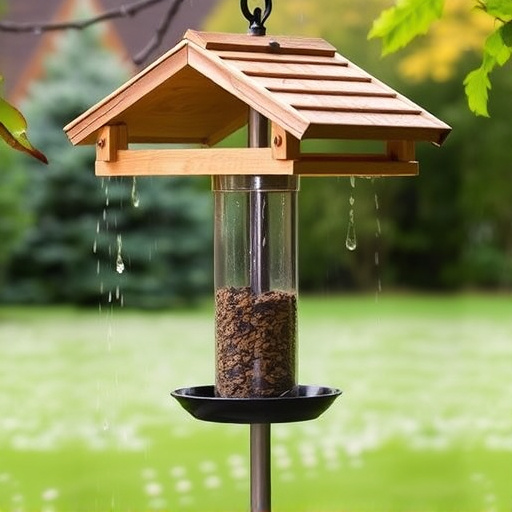 Ground-level feeder with wooden rain canopy