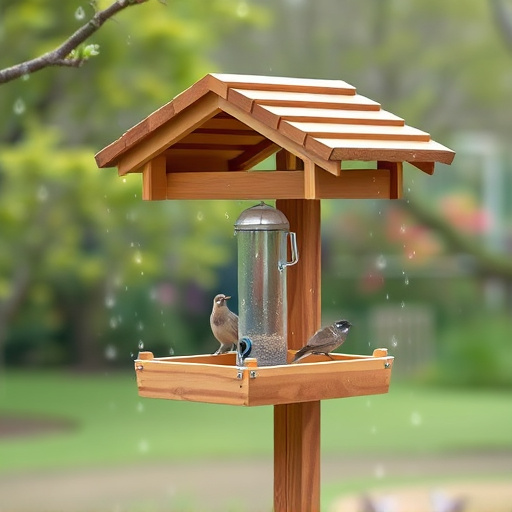 Ground-level feeder with wooden rain canopy